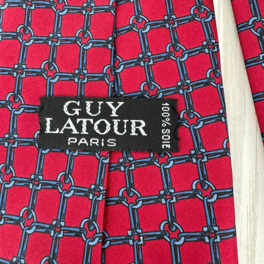 Guy Latour tie 100% silk chain link equestrian red blue office career